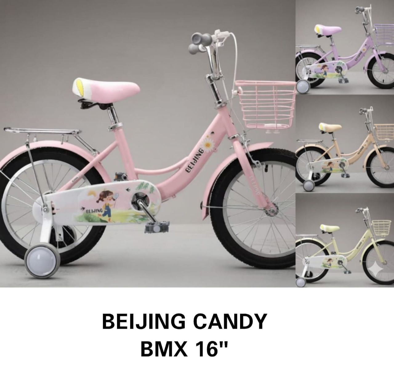 Beijing Candy BMX size 16 children bicycles suitable for kids aged 4 to 8 years old a durable steel frame, training wheels, a basket, and a single-speed design.