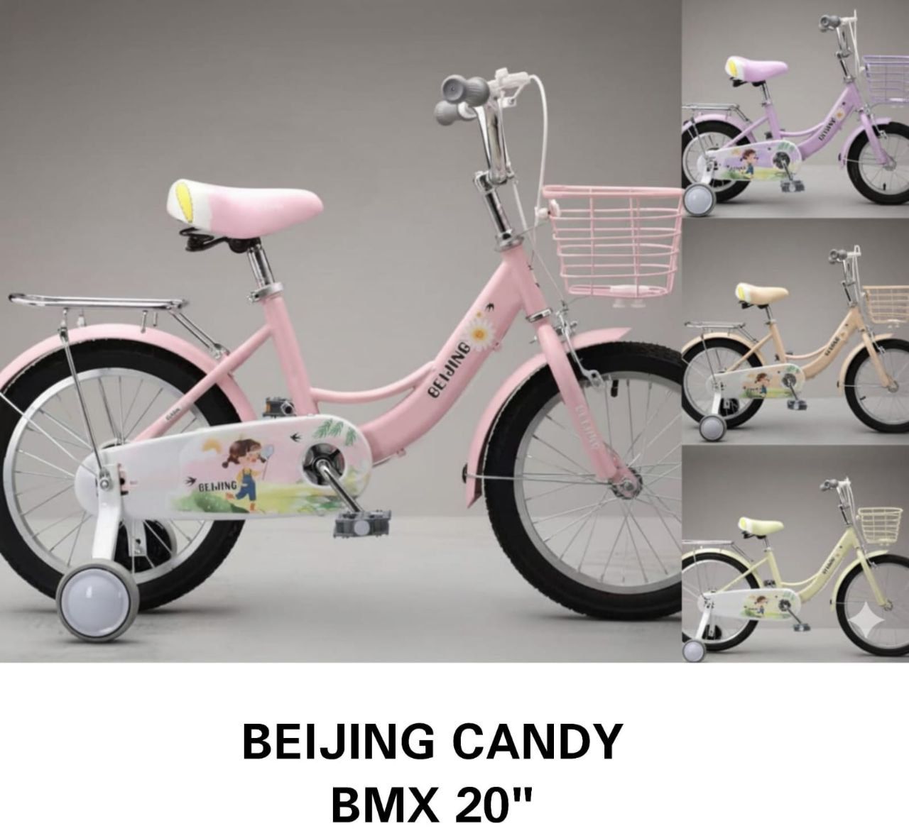 Beijing Candy BMX 20" children's bicycle features a durable steel frame, training wheels, a basket, and a single-speed design