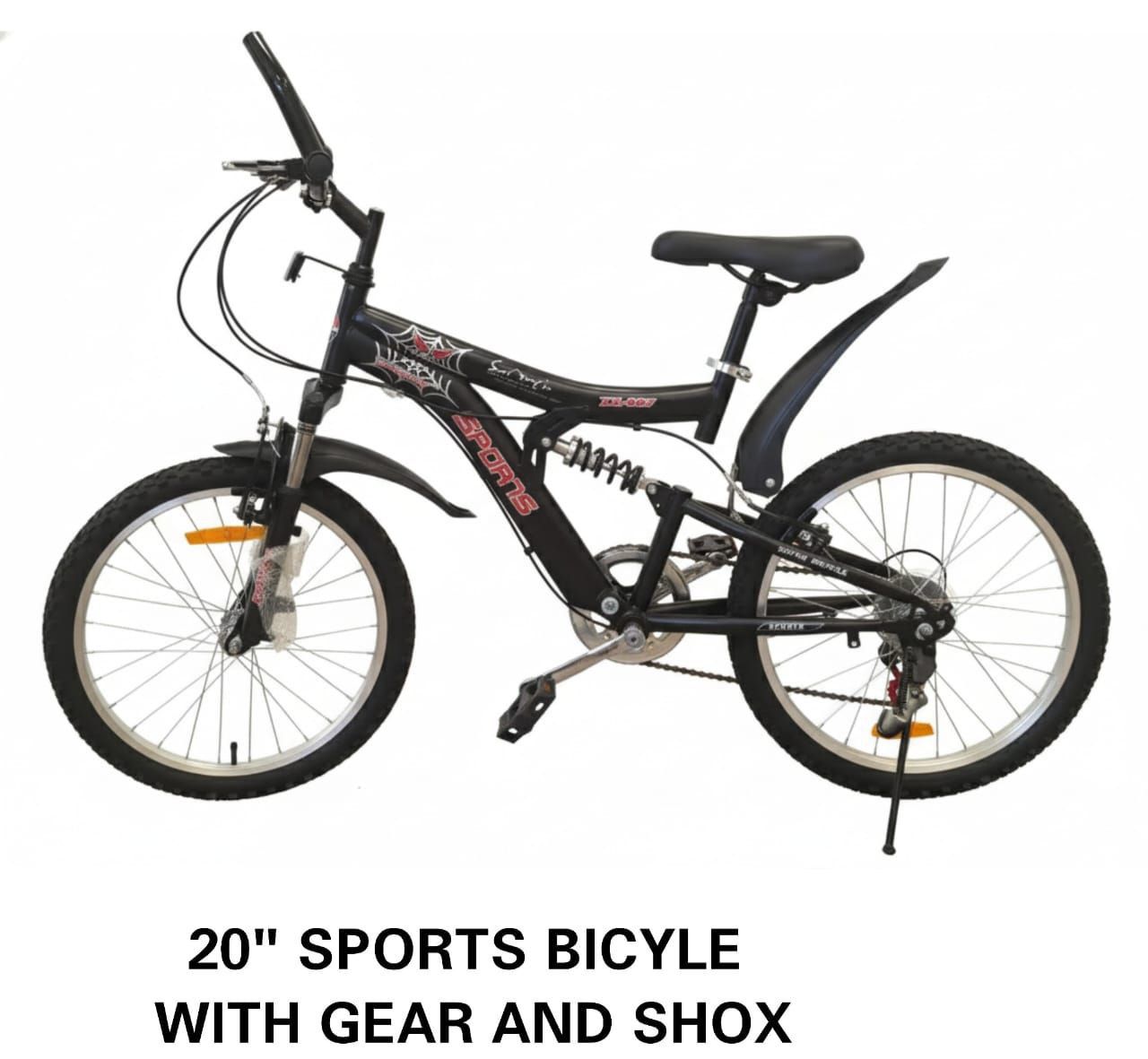 sports bicycle  size 20 with gear and shox with a front fork and a rear spring shock absorber,equipped with gears for multi-speed cycling.