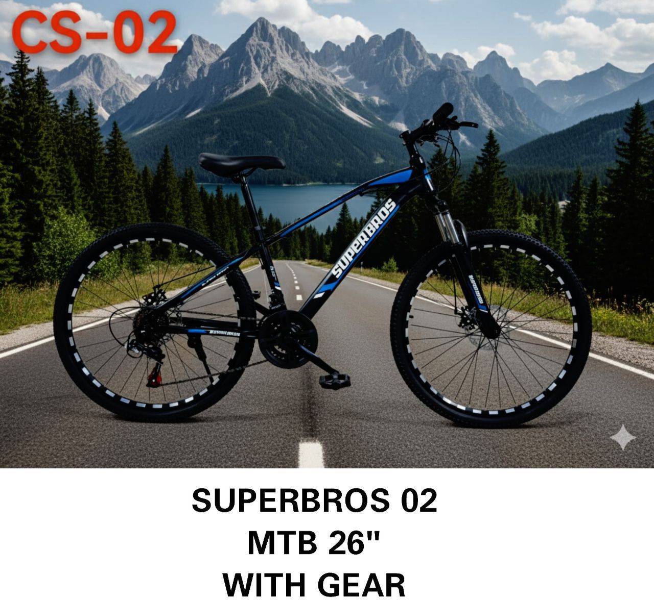 Superbros 02 mountain bike (MTB)  has front suspension but a rigid rear frame  equipped with a gear system often 21-speed