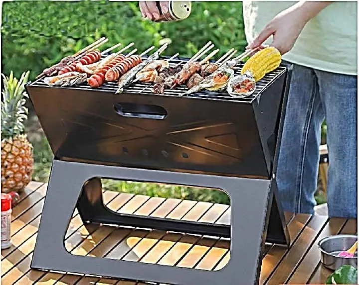 Heavy Portable X-Type Charcoal Barbecue Grill – Foldable Outdoor BBQ Stand for Camping, Home, Picnics & Garden Cooking – Durable Steel Build