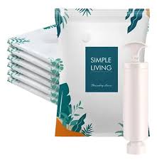 Simple Living leaf-print vacuum compression storage bags with a hand pump.