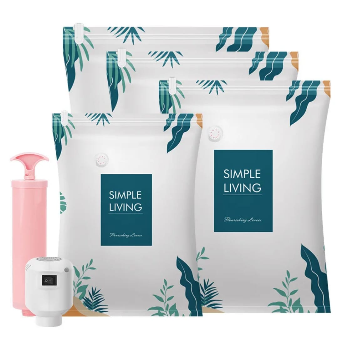 Simple Living leaf-print vacuum compression storage bags with a hand pump.