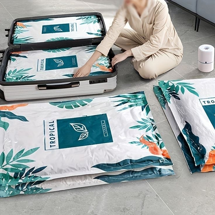 Simple Living leaf-print vacuum compression storage bags with a hand pump.