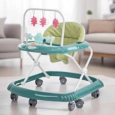 Baby Walker Model 999-1 foldable baby walker with a green seat and interactive toys,foldable design,padded seat, play tray with colorful hanging toys