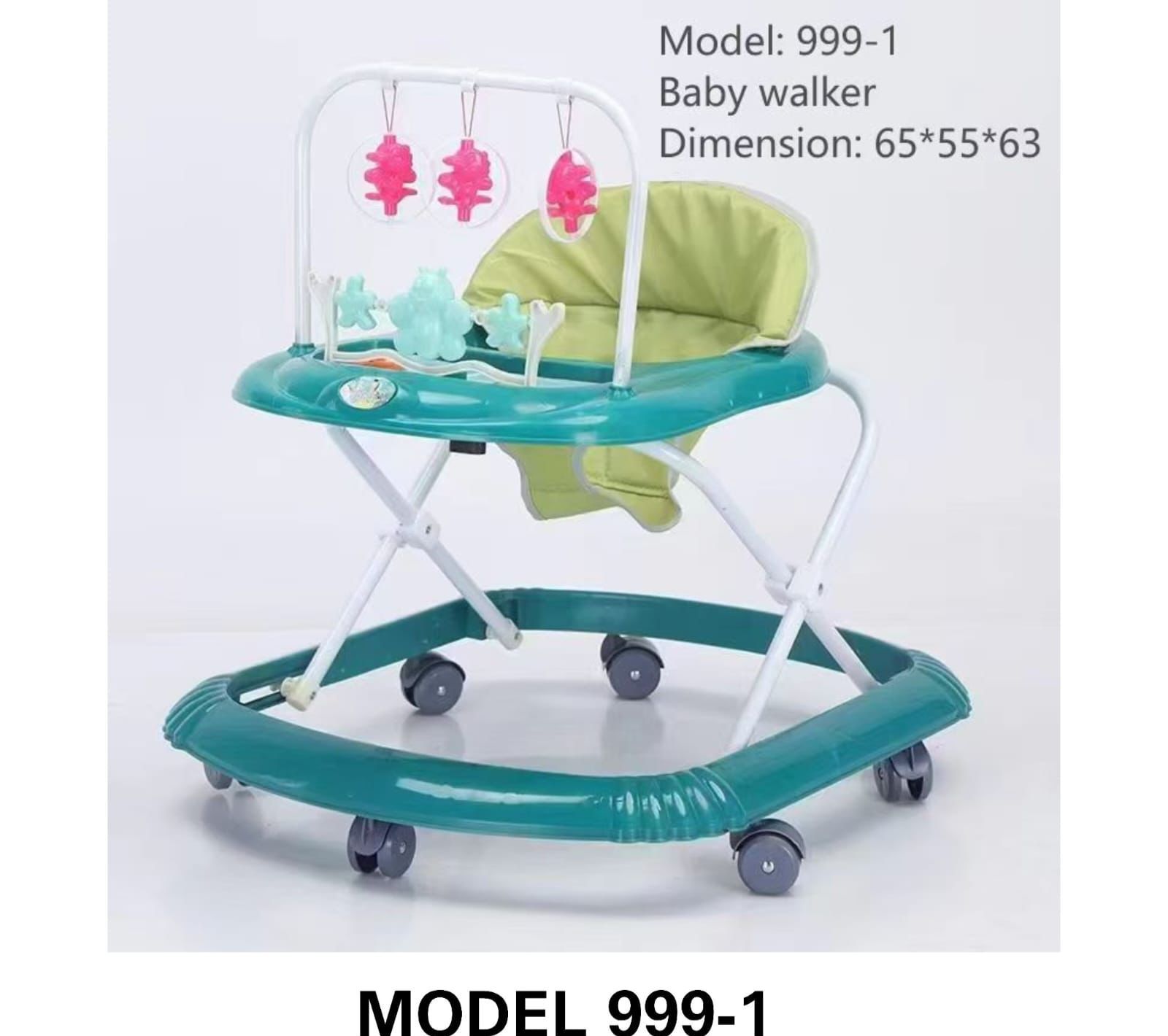 Baby Walker Model 999-1 foldable baby walker with a green seat and interactive toys,foldable design,padded seat, play tray with colorful hanging toys