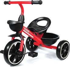 children's tricycle Model 328 a durable kids' bike with a strong frame, comfortable seat, stable three-wheel design, and front and rear storage baskets