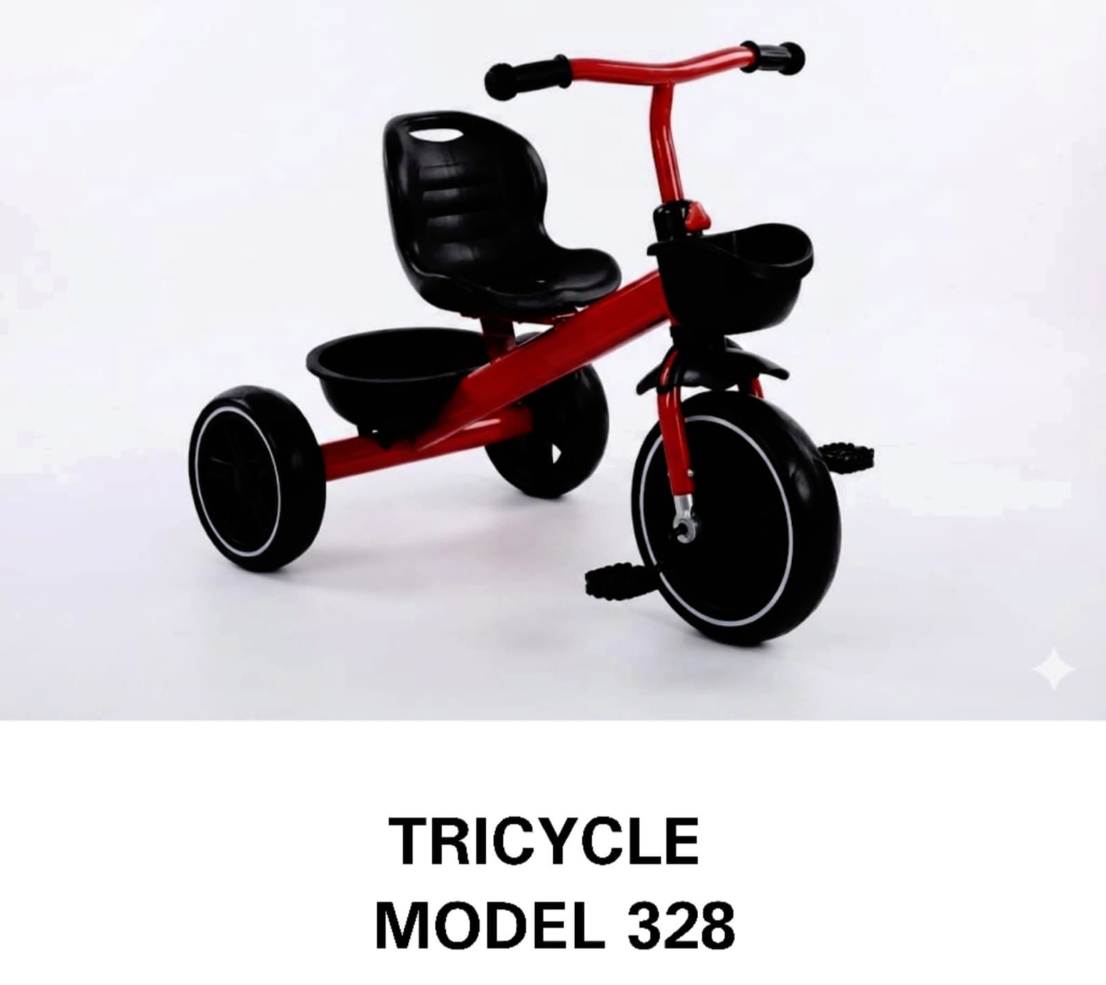 children's tricycle Model 328 a durable kids' bike with a strong frame, comfortable seat, stable three-wheel design, and front and rear storage baskets