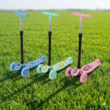 lightweight, foldable three-wheel kick Kids Scooter Model 010 with height-adjustable handlebar,smooth-rolling PU wheels,and  non-slip deck and a rear foot brake for safety.