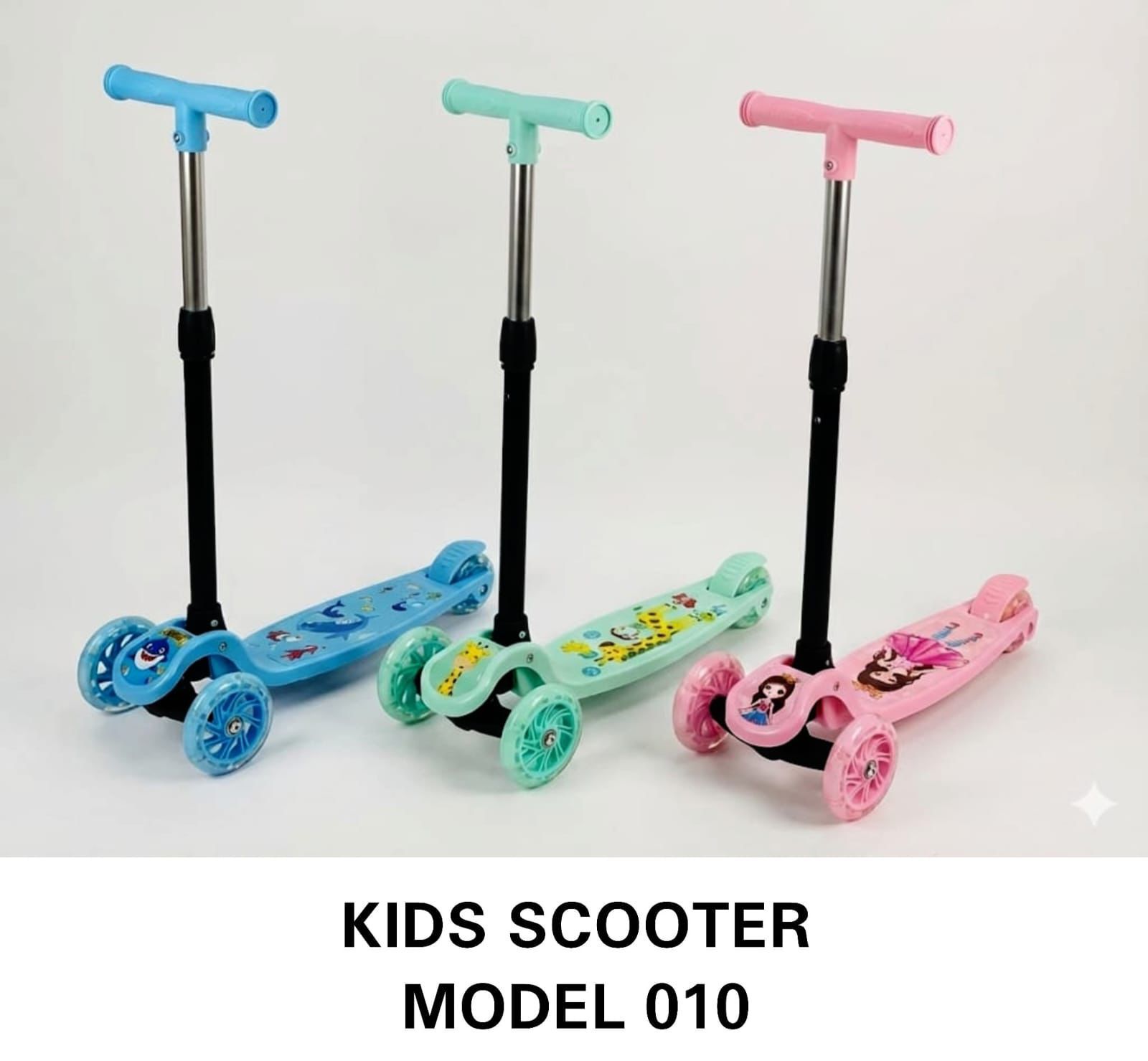 lightweight, foldable three-wheel kick Kids Scooter Model 010 with height-adjustable handlebar,smooth-rolling PU wheels,and  non-slip deck and a rear foot brake for safety.