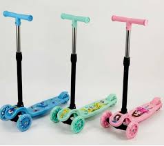 lightweight, foldable three-wheel kick Kids Scooter Model 010 with height-adjustable handlebar,smooth-rolling PU wheels,and  non-slip deck and a rear foot brake for safety.