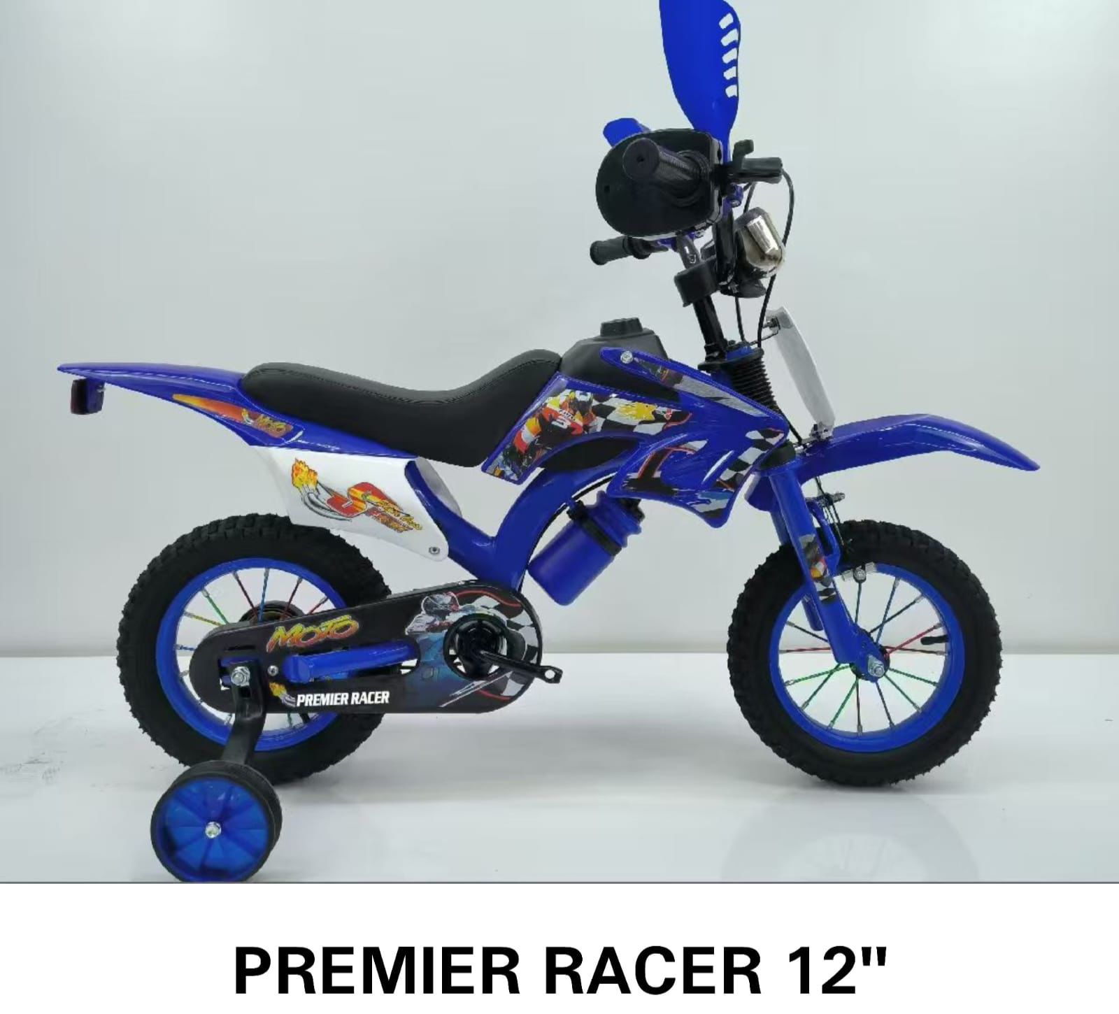 Premier Racer 12" is a motorcycle-styled children's bicycle with detachable training wheels for stability and cool, motorbike-shaped frame with durable construction.