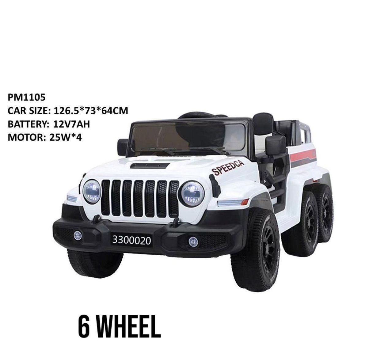 PM1105 6-Wheel Electric Ride-On Toy Car for Kids a powerful 6-wheel drive (6WD) vehicle for children with a parental remote control mode, multi-function music board, built-in horn, MP3 player, AUX inp