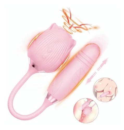 2-in-1 rose toy vibrator, combines a suction mechanism designed like a rose for clitoral stimulation with a separate vibrating shaft for internal pleasure.