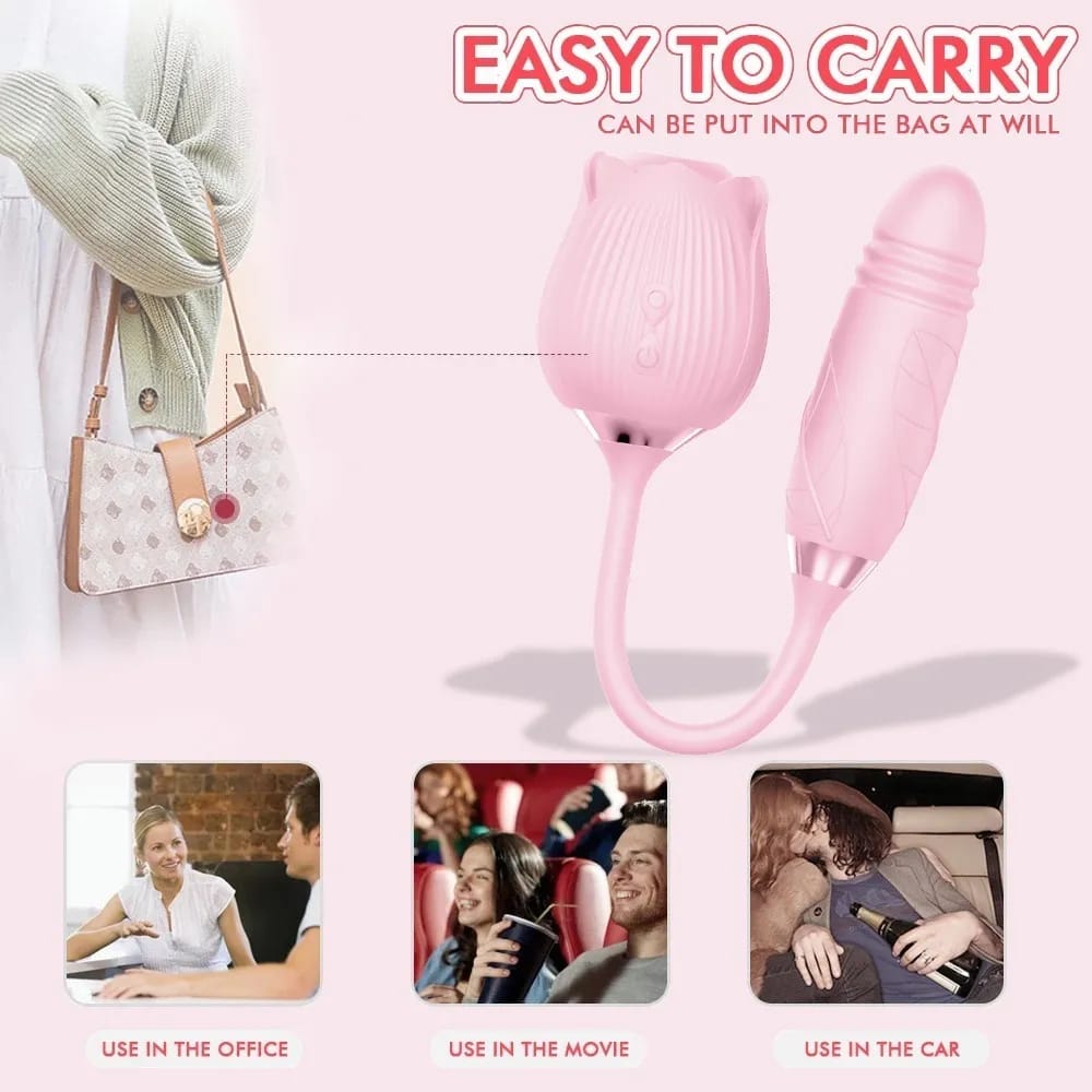 2-in-1 rose toy vibrator, combines a suction mechanism designed like a rose for clitoral stimulation with a separate vibrating shaft for internal pleasure. view 2