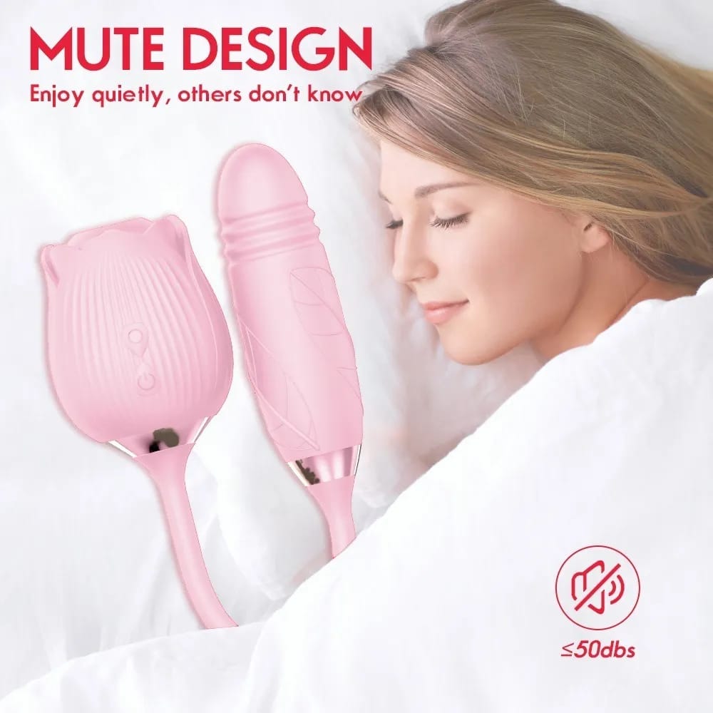 2-in-1 rose toy vibrator, combines a suction mechanism designed like a rose for clitoral stimulation with a separate vibrating shaft for internal pleasure. view 3