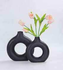 Porcelain ceramic 2in1 elegant decor Donut flower vases 2-in-1 set large and small version ideal for modern home decor.