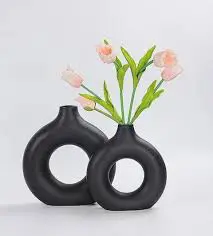 Porcelain ceramic 2in1 elegant decor Donut flower vases 2-in-1 set large and small version ideal for modern home decor.