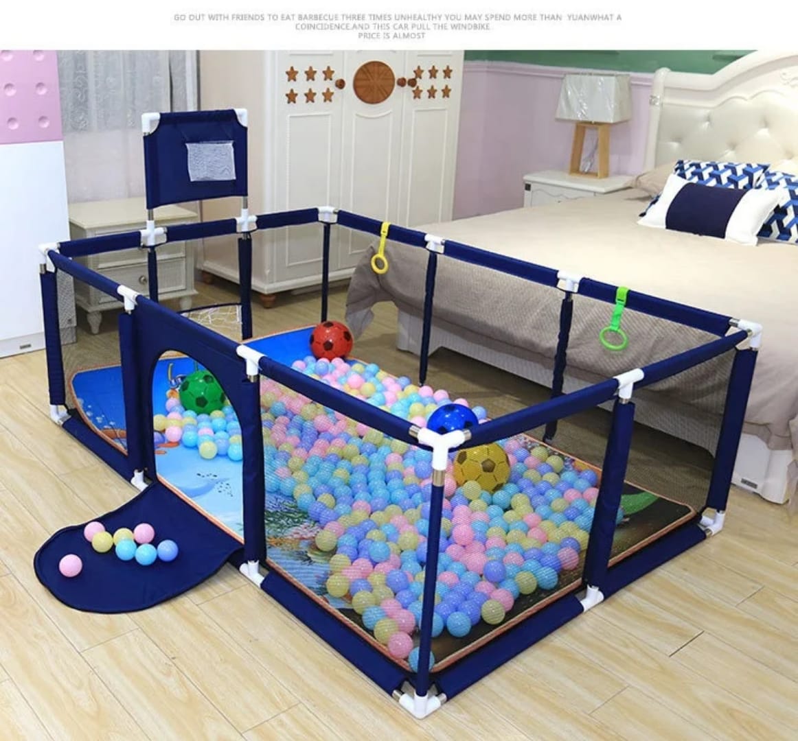 New portable baby play fence/playpen for babies and toddlers, kids safety play yard with mesh walls, a zipper door, a basketball hoop, and a soccer goal