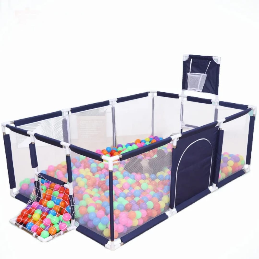 New portable baby play fence/playpen for babies and toddlers, kids safety play yard with mesh walls, a zipper door, a basketball hoop, and a soccer goal