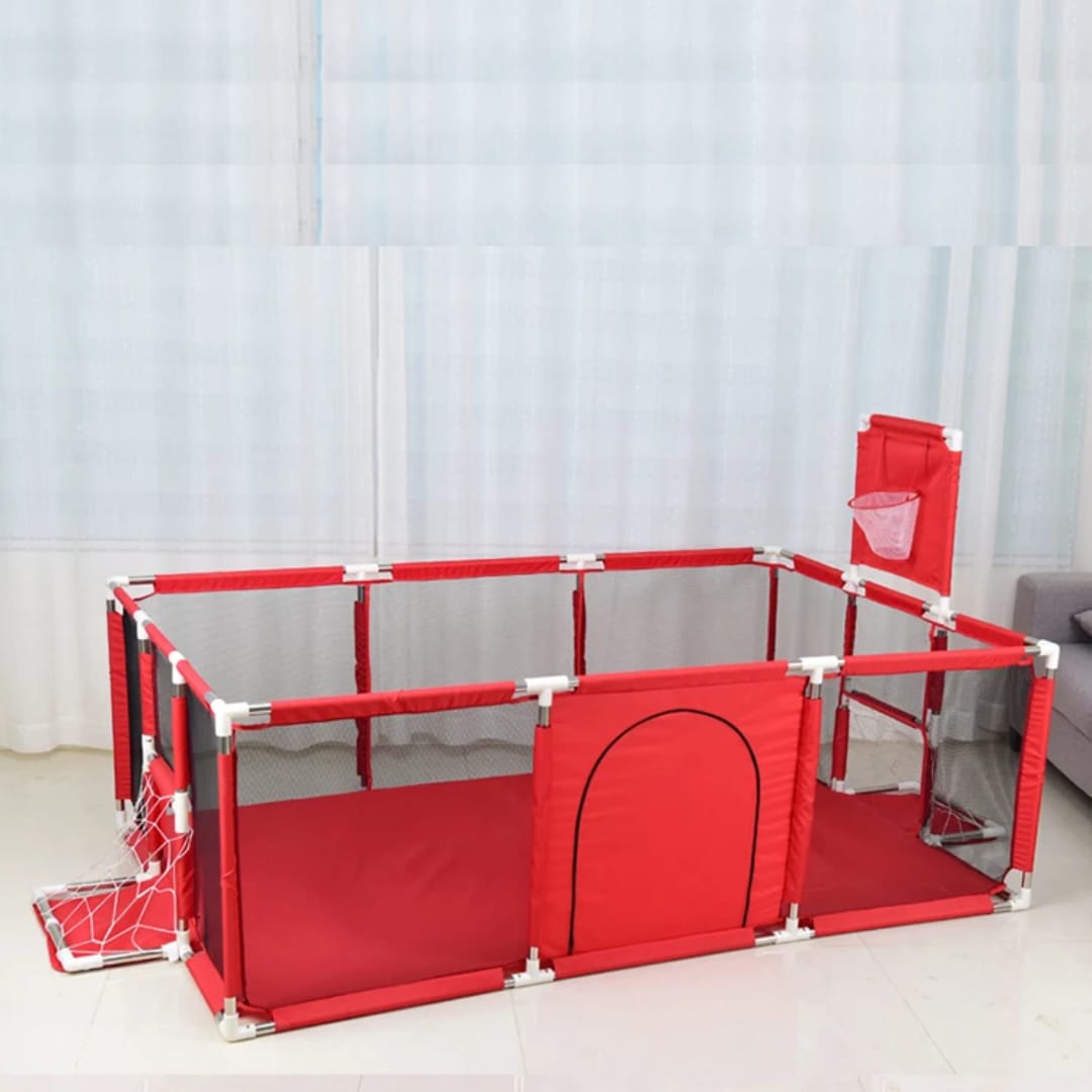 New portable baby play fence/playpen for babies and toddlers, kids safety play yard with mesh walls, a zipper door, a basketball hoop, and a soccer goal
