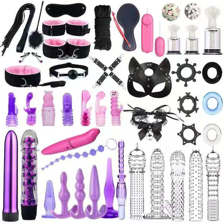 BDSM Sex Bondage Kit Contains dice, handcuffs, nipple clamps, whip spanking, anal plug, vibrator, butt SM product sex toys for women and men