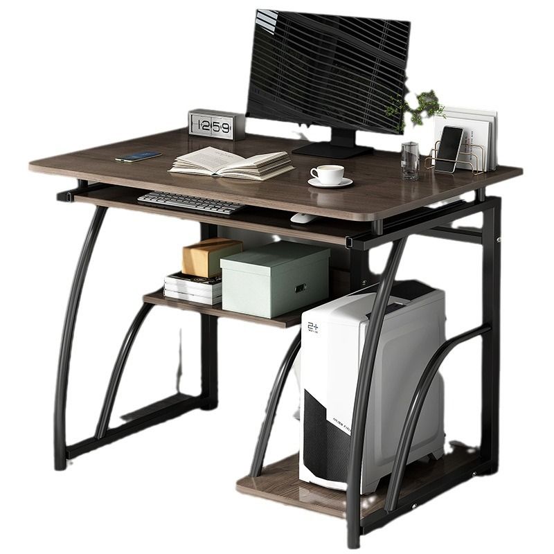 Ergonomic Modern Compact Computer Desk multi-tiered design with a slide-out keyboard tray, a dedicated CPU stand, and open shelves for books or office essentials.