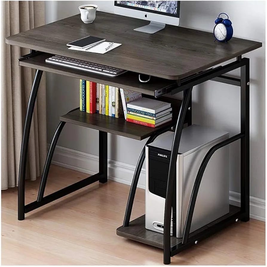 Ergonomic Modern Compact Computer Desk multi-tiered design with a slide-out keyboard tray, a dedicated CPU stand, and open shelves for books or office essentials.