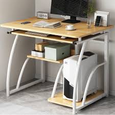 Ergonomic Modern Compact Computer Desk multi-tiered design with a slide-out keyboard tray, a dedicated CPU stand, and open shelves for books or office essentials.