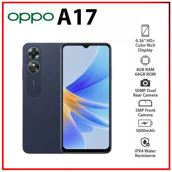 Brand new oppo A17 6.57 inch 4gb ram 64gb rom 50MP AI camera dual sim 5000mAh smartphones black with 2 years warranty  64GB