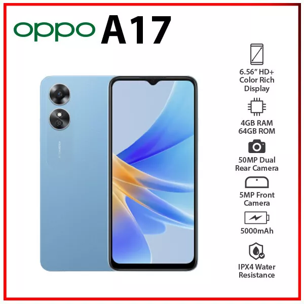 Brand new oppo A17 6.57 inch 4gb ram 64gb rom 50MP AI camera dual sim 5000mAh smartphones black with 2 years warranty  64GB