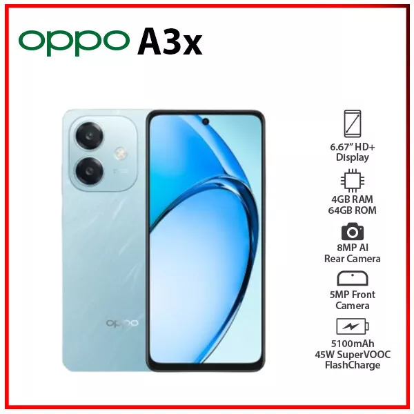 [Brand New] Oppo A3X 6.6 inch 4GB RAM 64GB ROM 8MP AI camera dual sim 5000mAh smartphones black with 2 years warranty  64GB