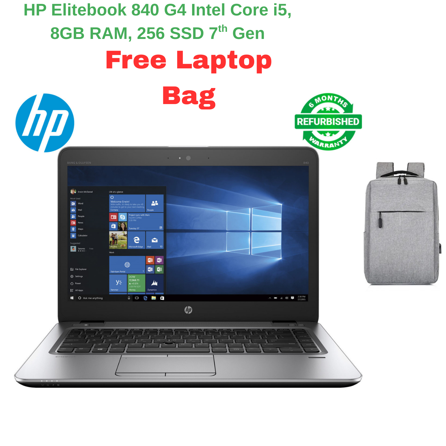(Free Laptop Bag) Hp EliteBook 840 G4 Laptop Notebook Computer|  Intel Core i5|  7th Generation|  8GB RAM| 256 GB SSD Storage|Backlit Keyboard| HD Screen | Windows 10 Pro | Silver | 14.0" Display.