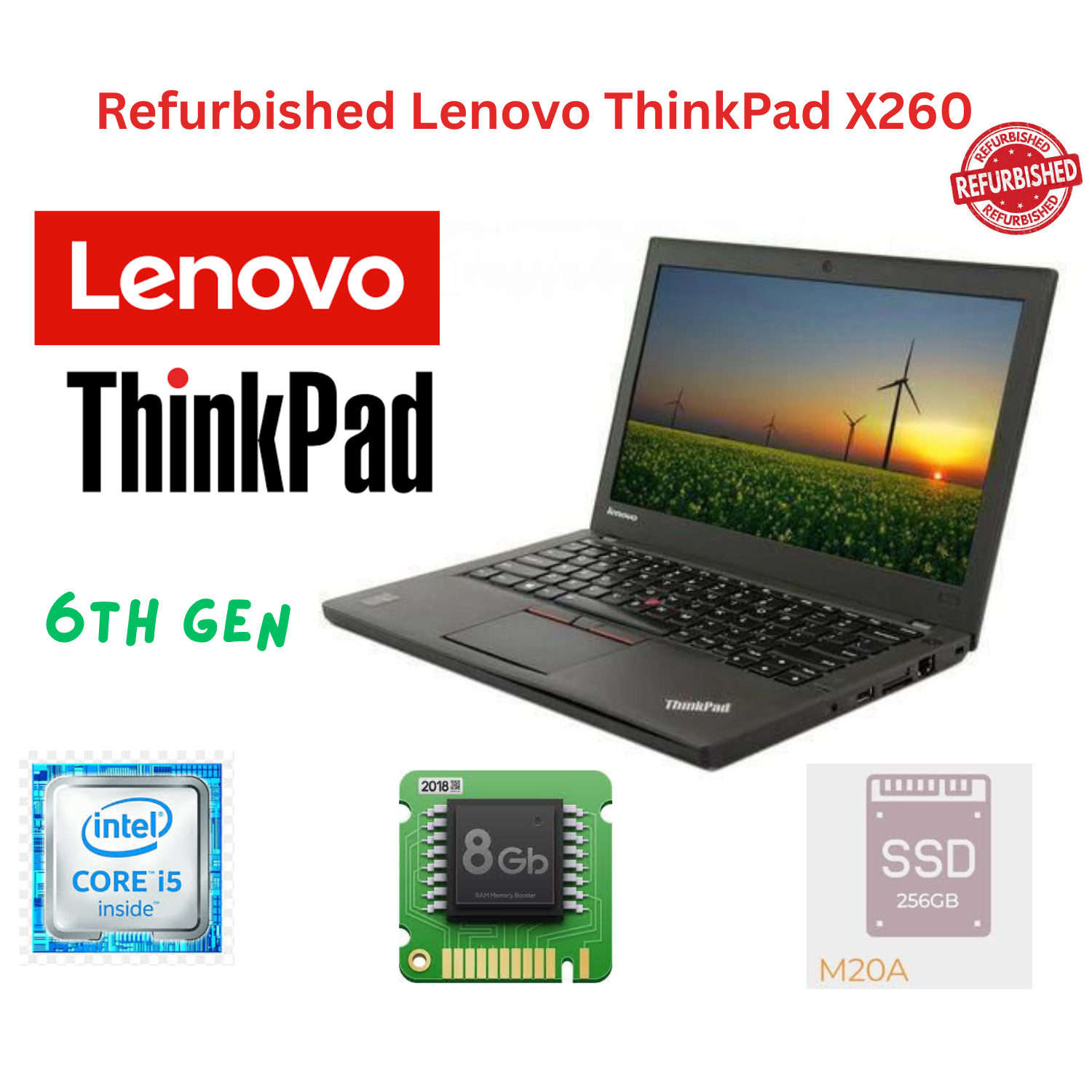 Lenovo ThinkPad X260: Intel Core i5, 8GB RAM, 256GB SSD, 12.5" Display, Windows 10 Pro, Microsoft Office 2019. Lightweight, powerful, and efficient. Perfect for professionals and students.