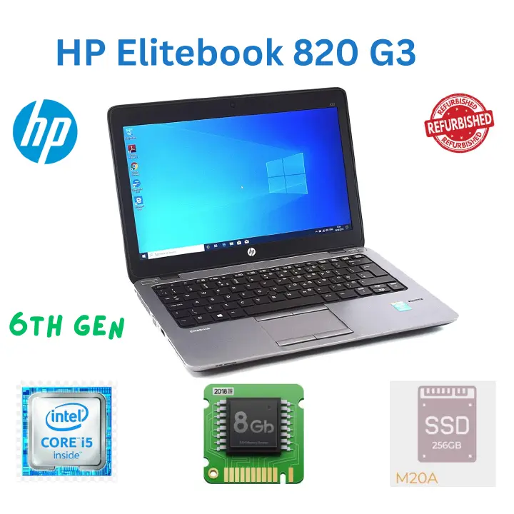 Refurbished Hp EliteBook 820 G3  Laptop Notebook |Computer|  Intel Core i5|  6th Generation|  8GB RAM| 256 GB SSD Storage| LED Backlit Keyboard HD Screen | Windows 10 Pro | Silver | 12.5" |MS Office