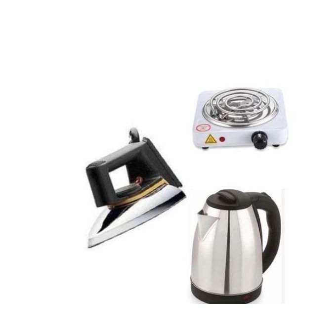 electric kettle,dry iron, a single-coil electric hot plate, The electric hot plate is compact, portable, and typically has a power output of around 1000W. 


The electric kettle shown is generally mad