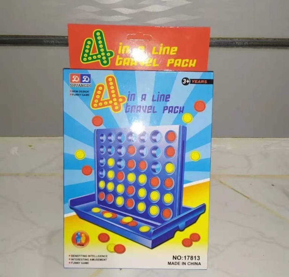 Connect 4, also known as "4 in a Line". 
Shopping information:
The goal is to be the first player to get four of your discs in a row, either horizontally, vertically, or diagonally. 
The game is a str