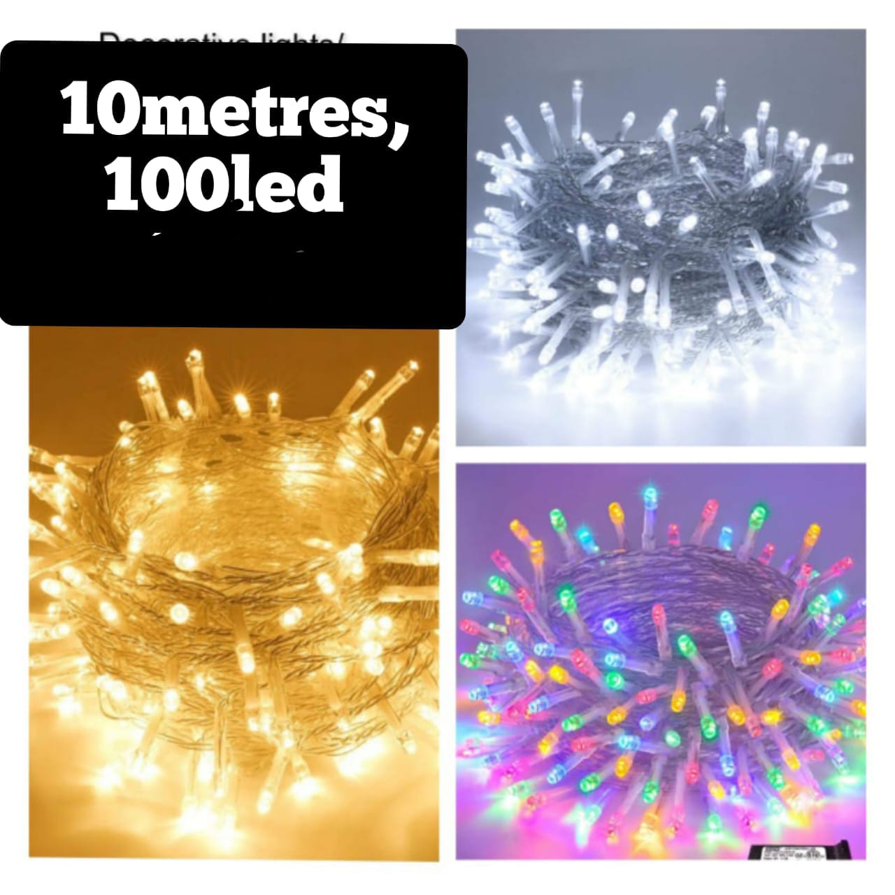 decorative string lights, commonly known as fairy lights or Christmas lights. They are used for decoration during holidays or events. 
Type: LED string lights.
Length: 10 meters.
Quantity: 100 LED bul