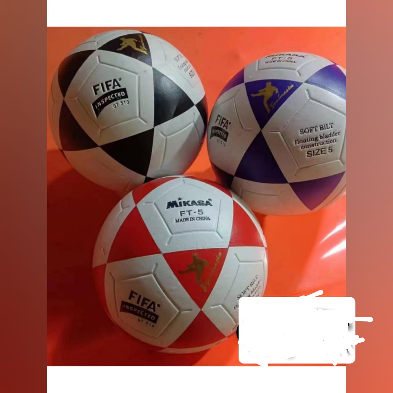 Mikasa FT-5 football (soccer ball). It is a size 5 ball, often used for footvolley as well. 

It features a high-quality synthetic leather surface and is hand-stitched for durability. 

The ball is co