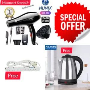 Nunix 2400W Professional Hair Blow Dryer with accessories, a free Ailyons electric kettle, and a free power extension cable. The hair dryer has a powerful 2400W motor, multiple heat and speed settings