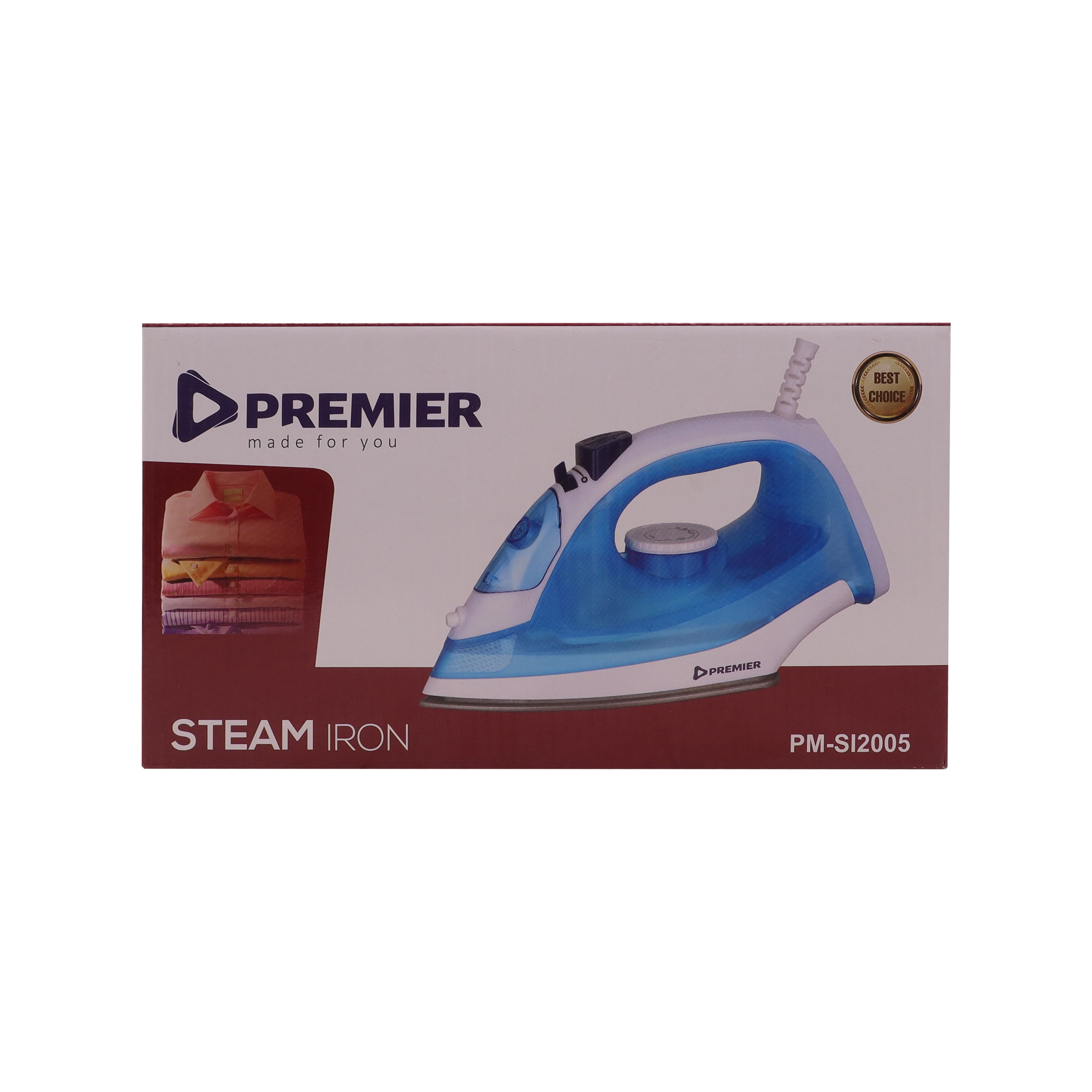 PREMIER Steam Iron PMSI2005 Latest Automatic Steam Iron with Non Stick Soleplate 220-240V 50/60HZ 1200W Electric Steam Press Iron Clean Wrinkle Ironing Vertical Steam 1 Yr Warranty