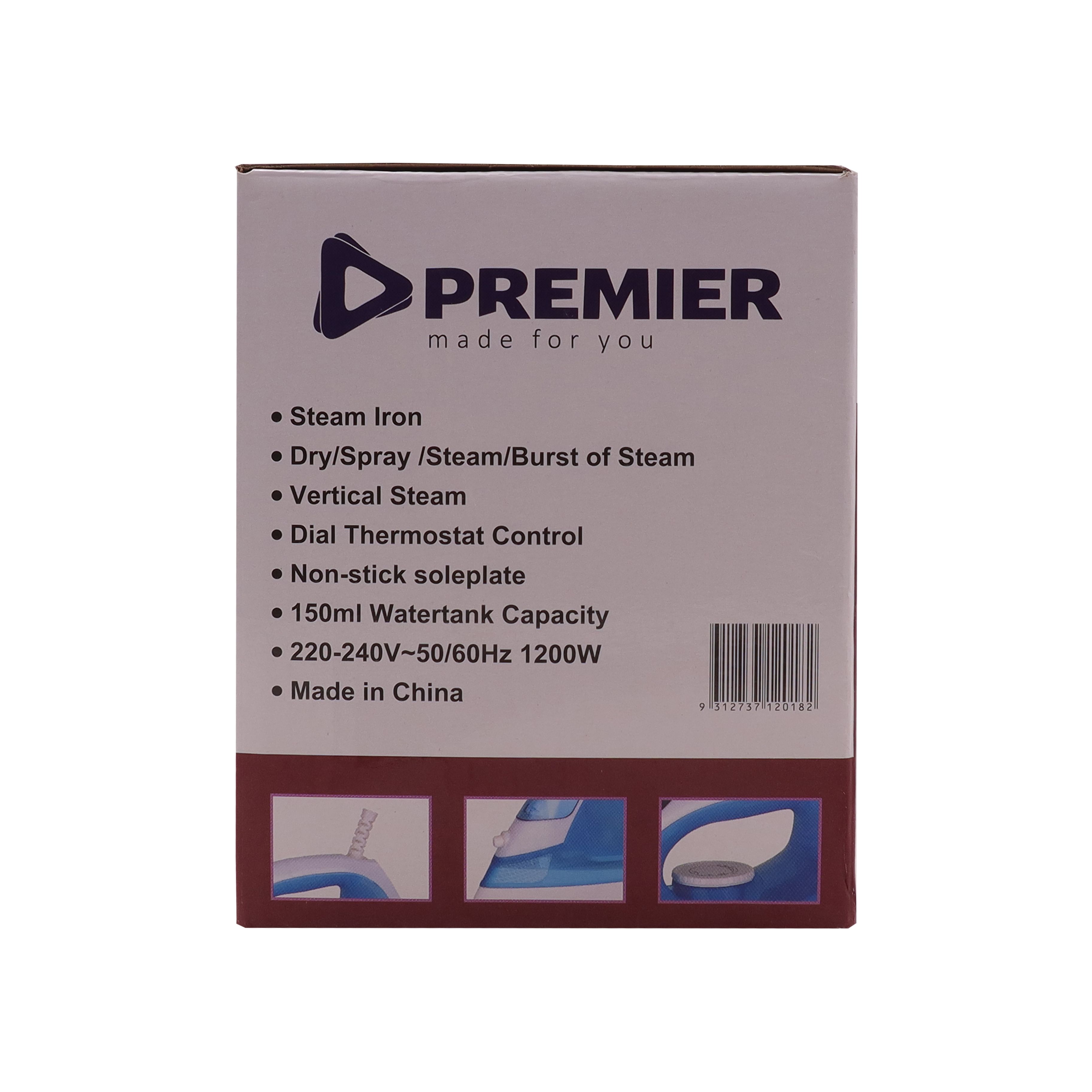 PREMIER Steam Iron PMSI2005 Latest Automatic Steam Iron with Non Stick Soleplate 220-240V 50/60HZ 1200W Electric Steam Press Iron Clean Wrinkle Ironing Vertical Steam 1 Yr Warranty