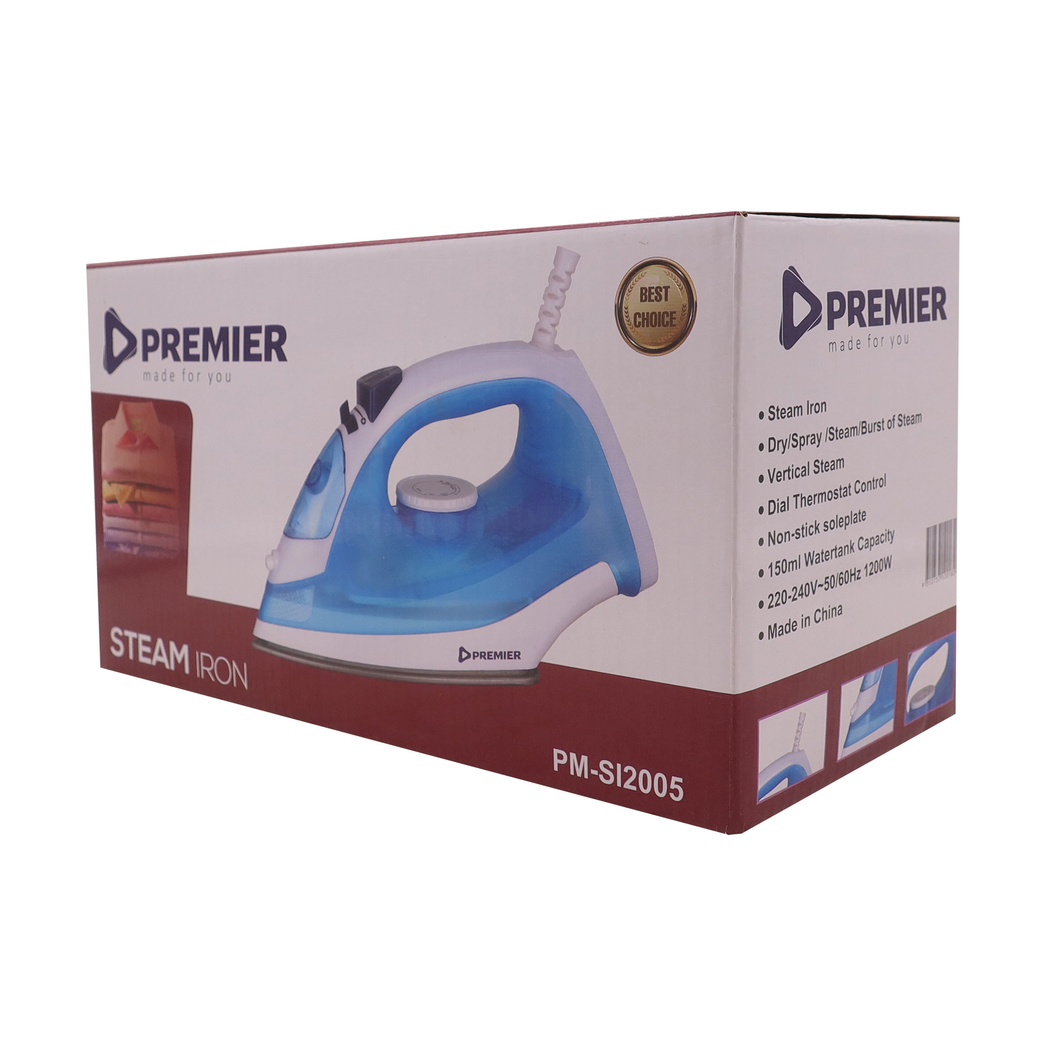 PREMIER Steam Iron PMSI2005 Latest Automatic Steam Iron with Non Stick Soleplate 220-240V 50/60HZ 1200W Electric Steam Press Iron Clean Wrinkle Ironing Vertical Steam 1 Yr Warranty