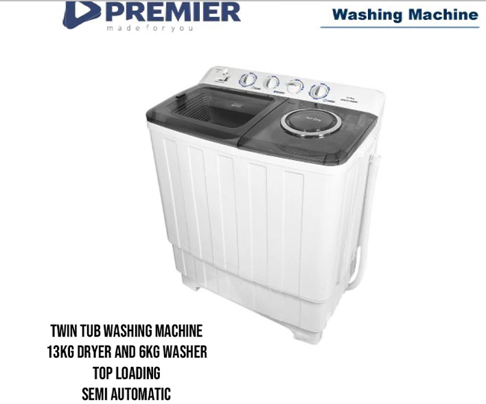 Premier 13Kgs Twin Tub Washing Machine - Semi Automatic Large capacity of 13kg for washing and 6kg for drying