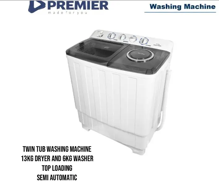 Premier 13Kgs Twin Tub Washing Machine - Semi Automatic Large capacity of 13kg for washing and 6kg for drying