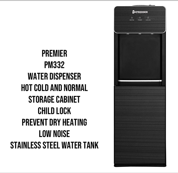 PREMIER PM-332 Standing Water dispenser Hot Cold and Normal water storage cabinet Child lock Prevent dry heating Low Noise Stainless steel Perfect for Home or Office Use with 1 year warranty