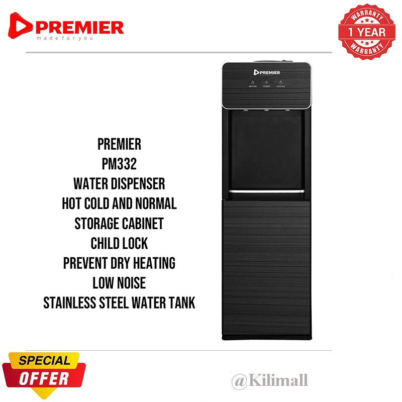 PREMIER PM-332 Standing Water dispenser Hot Cold and Normal water storage cabinet Child lock Prevent dry heating Low Noise Stainless steel Perfect for Home or Office Use with 1 year warranty