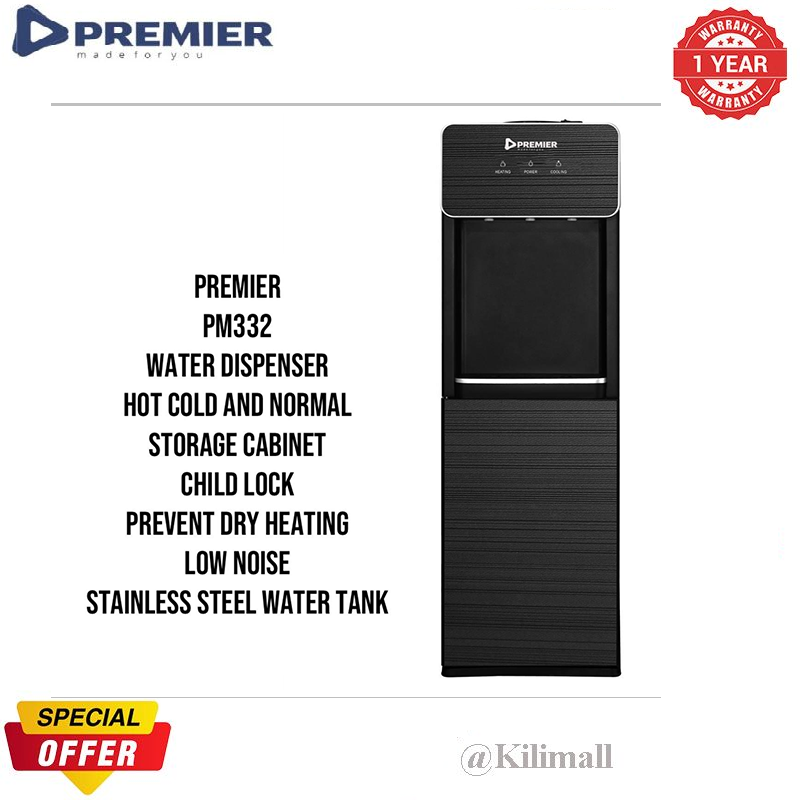 PREMIER PM-332 Standing Water dispenser Hot Cold and Normal water storage cabinet Child lock Prevent dry heating Low Noise Stainless steel Perfect for Home or Office Use with 1 year warranty
