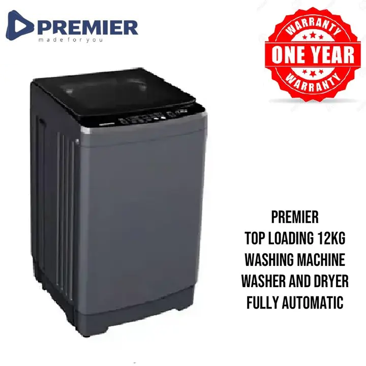 Premier 12Kgs Fully Automatic Washing Machine Stainless Steel Big Drum Size Fit 7x8 King Size Duvet Fuzzy Logic Washing Machine, LED Digital Display, Hot/Cold Water Twin Jet Inlets, Child Lock