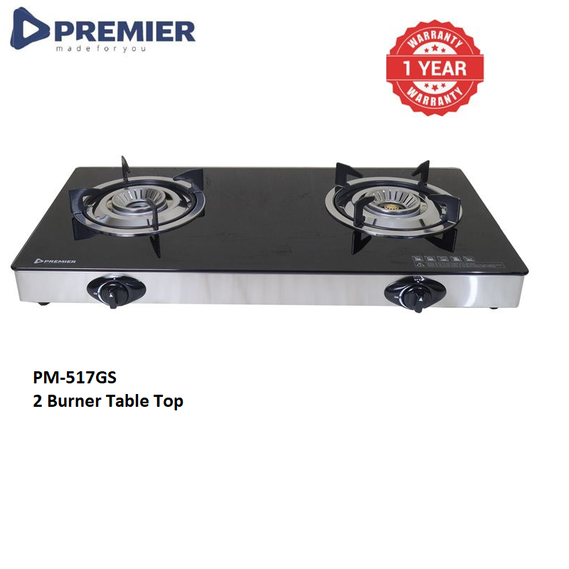 PREMIER Gas Cooker Elite 2 Burner Stainless Steel LPG Stove Table Top PM-517GS Auto Ignition Flame Control Kitchen Appliances Cooktops 1Year Warranty